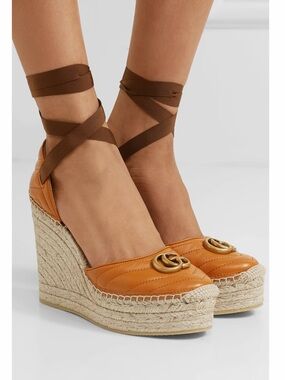 Gucci Cognac Leather GG Espadrille Wedge Sandals